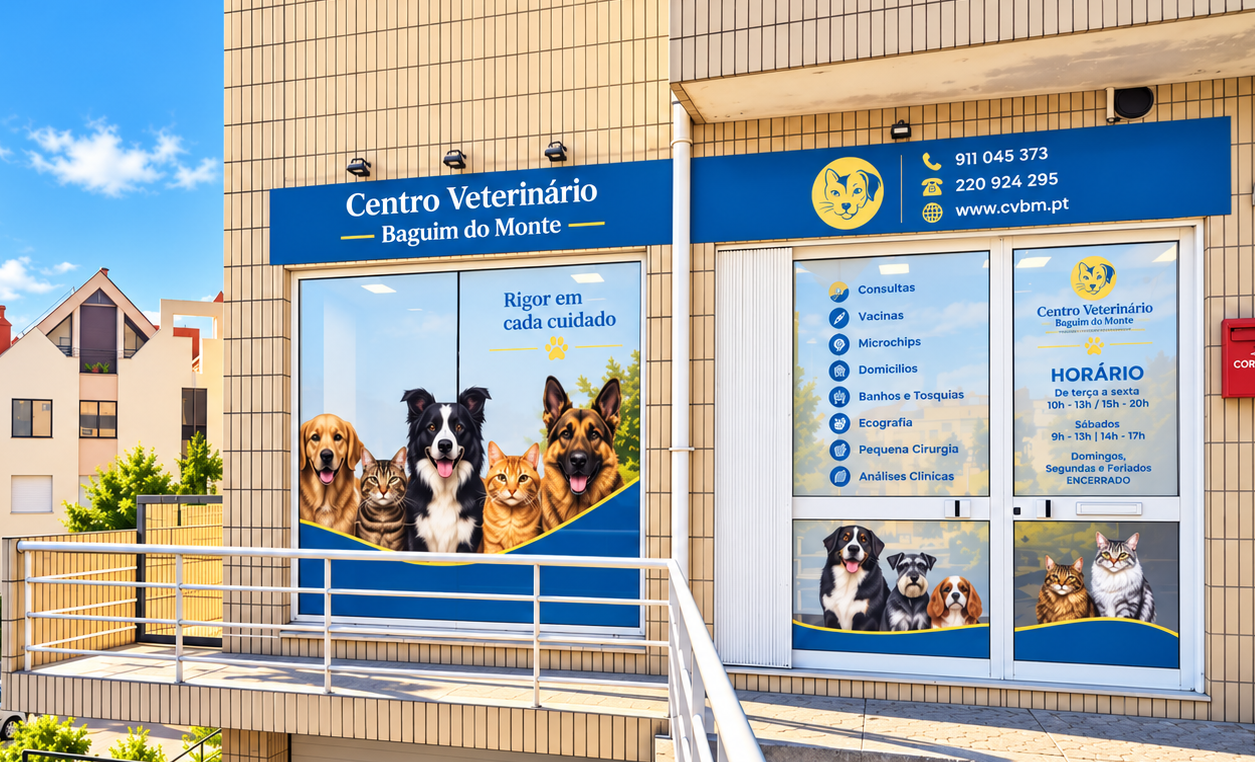 Fachada do Centro Veterinário de Baguim do Monte, com montra decorada e horários à entrada